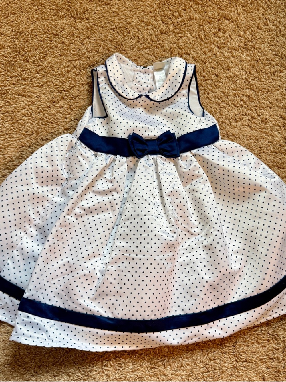 Little Me White Dress with Navy Polka Dots and Navy Bow